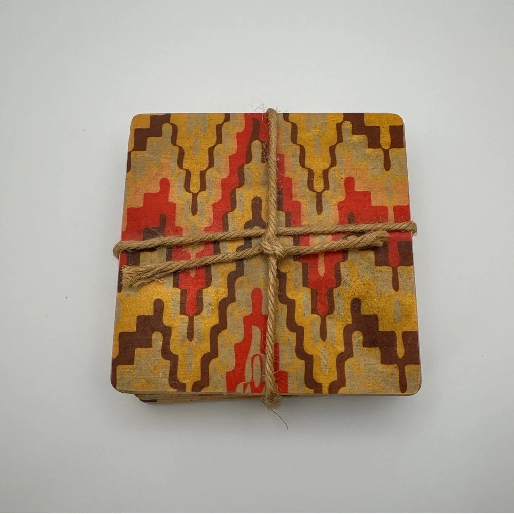Geometric Patterned Wood Multicolor Coasters Set of 4